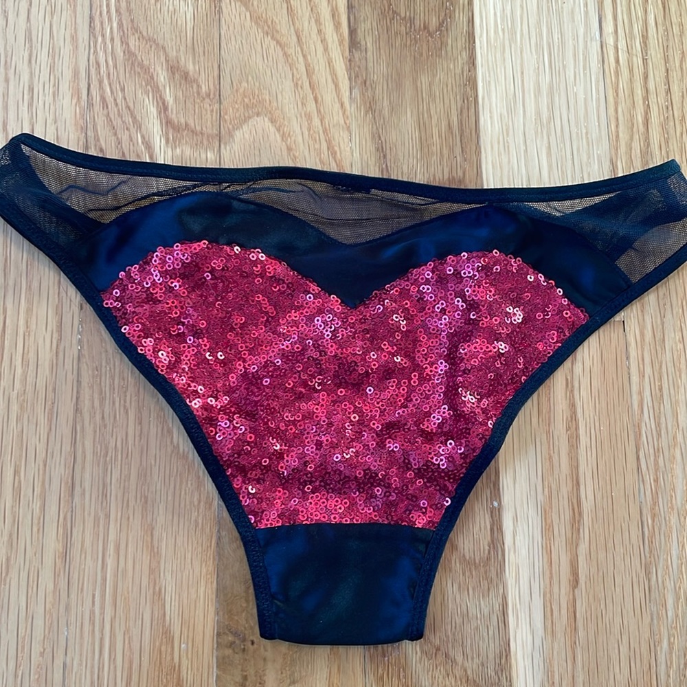 New without Tags Victoria’s Secret Red Heart Sequin & Black Mesh Panty Underwear